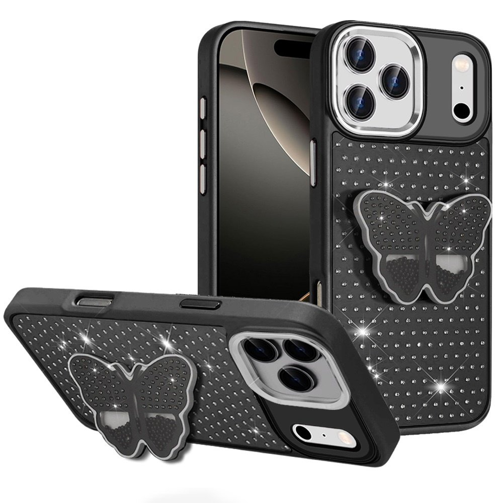 for iphone 17 pro butterfly moveable grip stand with small diamonds meta buttons hq hybrid black