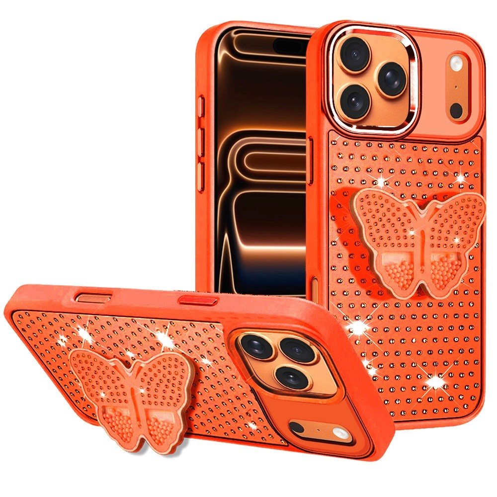 for iphone 17 pro butterfly moveable grip stand with small diamonds meta buttons hq hybrid cosmic orange