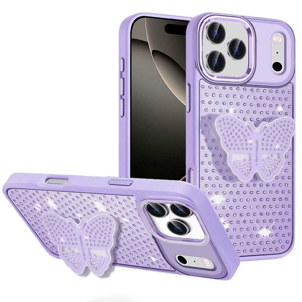 for iphone 17 pro butterfly moveable grip stand with small diamonds meta buttons hq hybrid purple