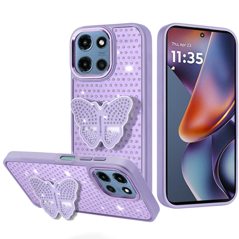 for moto g 5g 2025/2026 g play 2026 butterfly moveable grip stand with small diamonds meta buttons hq hybrid purple