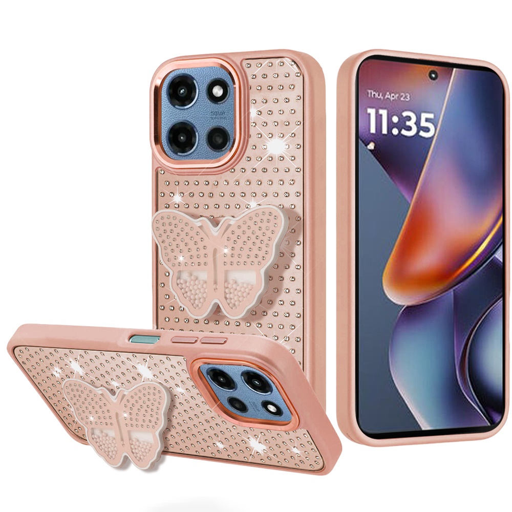 for moto g 5g 2025/2026 g play 2026 butterfly moveable grip stand with small diamonds meta buttons hq hybrid rose gold