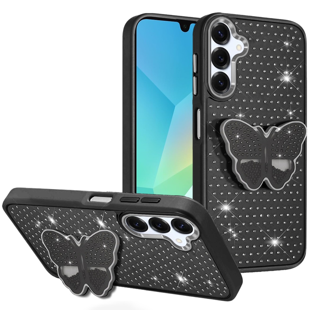 for samsung a16 5g butterfly moveable grip stand with small diamonds meta buttons hq hybrid black