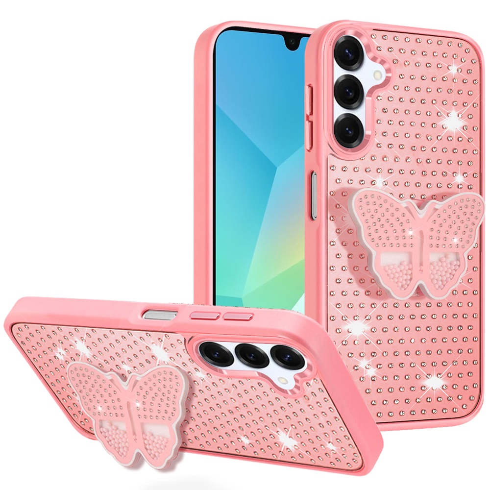 for samsung a16 5g butterfly moveable grip stand with small diamonds meta buttons hq hybrid pink