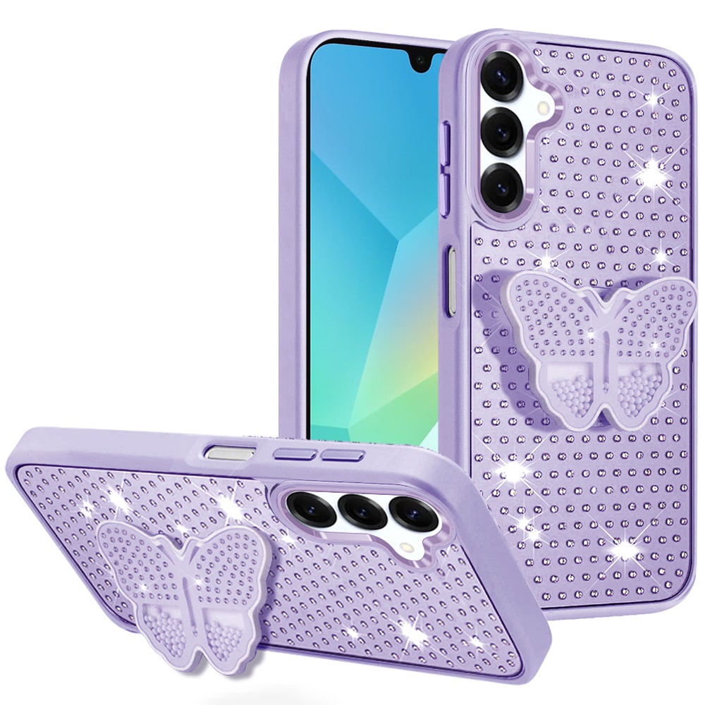 for samsung a16 5g butterfly moveable grip stand with small diamonds meta buttons hq hybrid purple