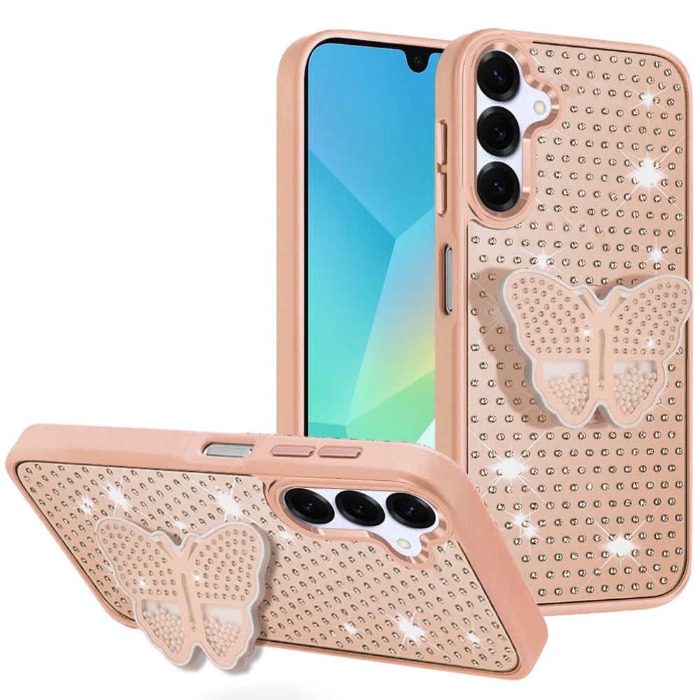 for samsung a16 5g butterfly moveable grip stand with small diamonds meta buttons hq hybrid rose gold