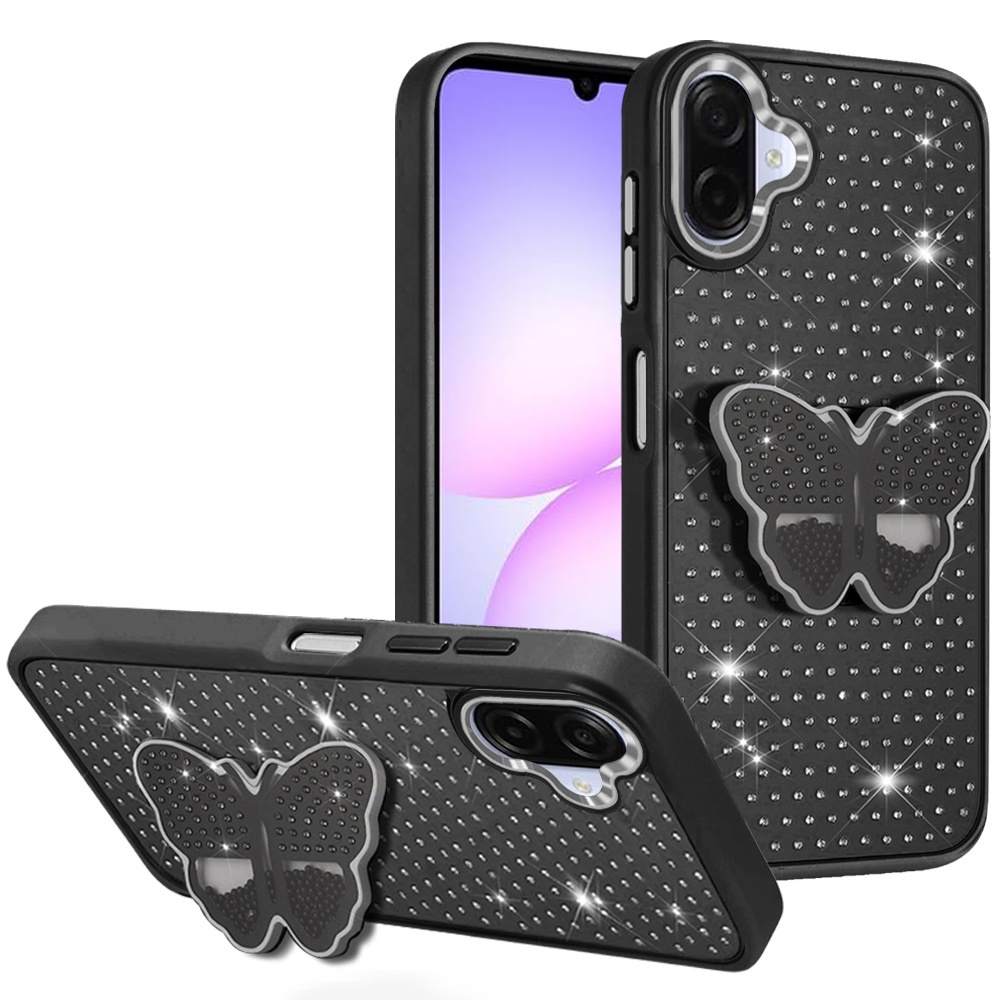 for samsung galaxy a07 butterfly moveable grip stand with small diamonds meta buttons hq hybrid black