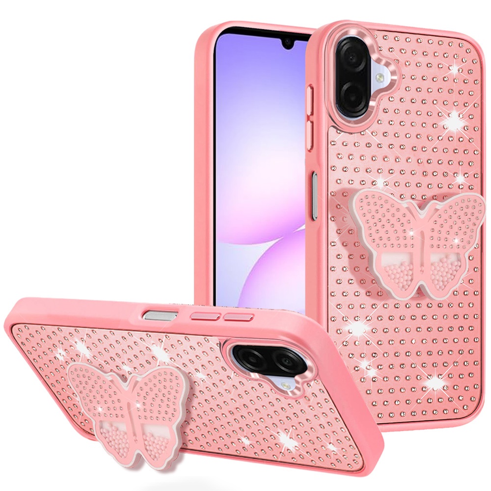 for samsung galaxy a07 butterfly moveable grip stand with small diamonds meta buttons hq hybrid pink