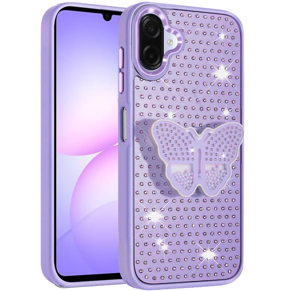 for samsung galaxy a07 butterfly moveable grip stand with small diamonds meta buttons hq hybrid purple