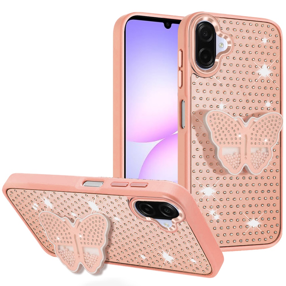for samsung galaxy a07 butterfly moveable grip stand with small diamonds meta buttons hq hybrid rose gold