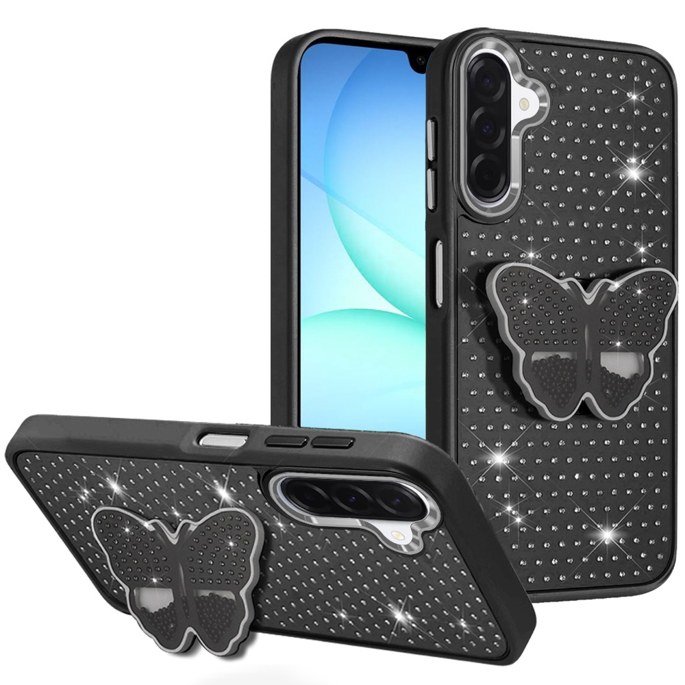 for samsung a17 5g butterfly moveable grip stand with small diamonds meta buttons hq hybrid black