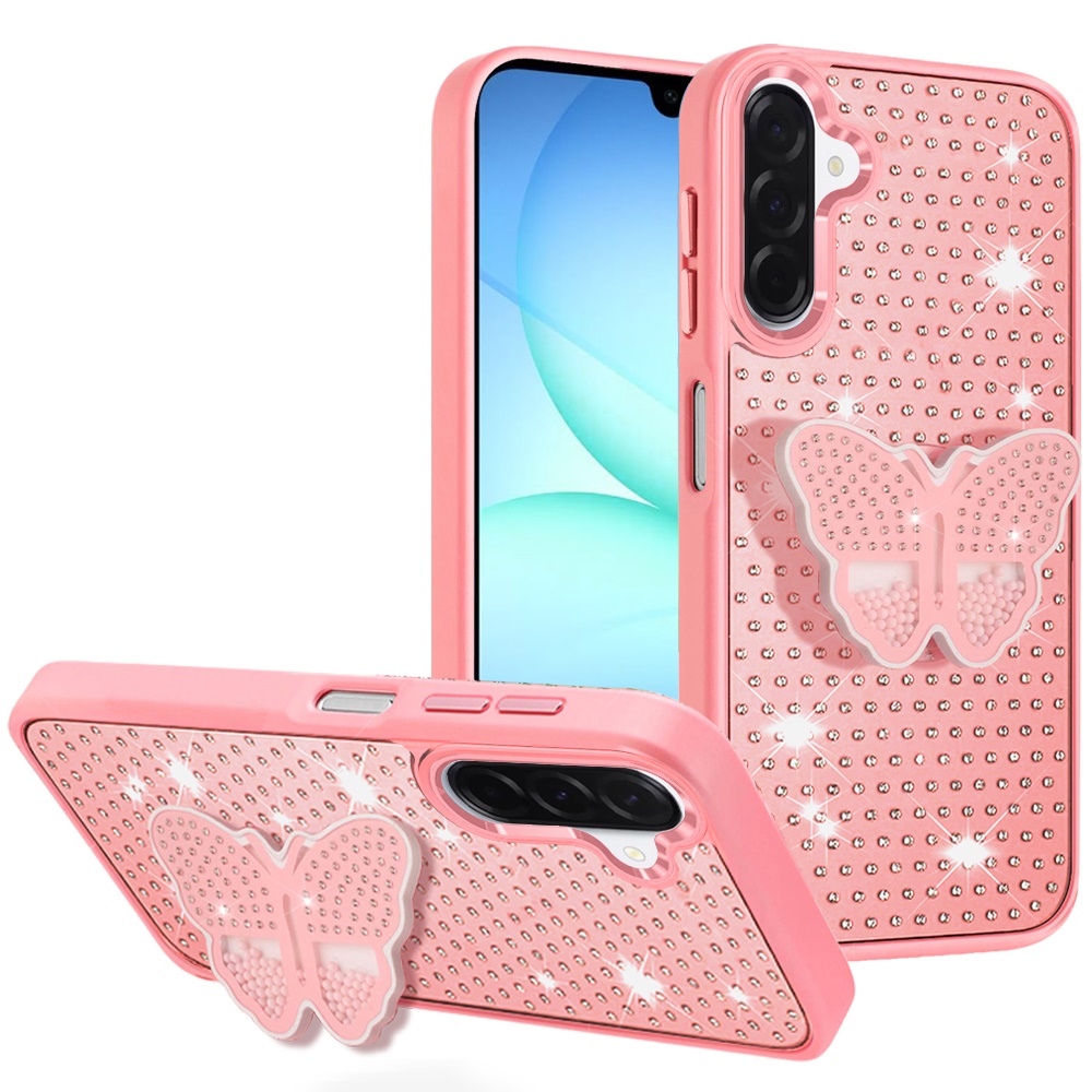 for samsung a17 5g butterfly moveable grip stand with small diamonds meta buttons hq hybrid pink