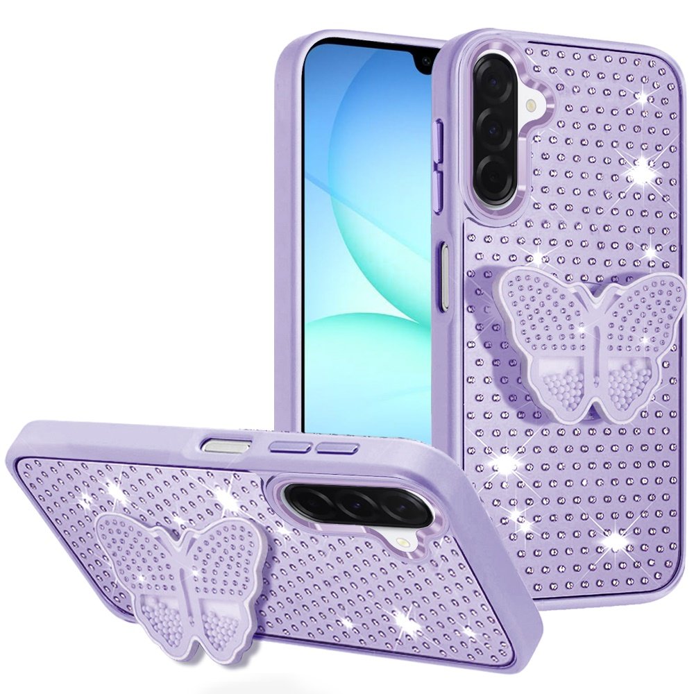 for samsung a17 5g butterfly moveable grip stand with small diamonds meta buttons hq hybrid purple