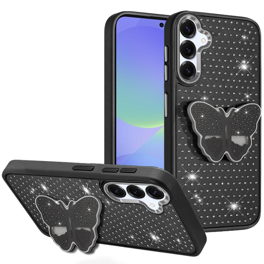 for samsung galaxy a36 / a56 butterfly moveable grip stand with small diamonds meta buttons hq hybrid black