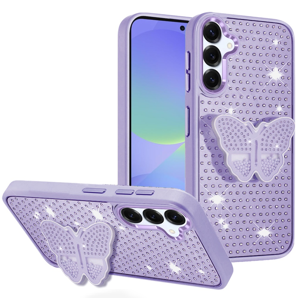 for samsung galaxy a36 / a56 butterfly moveable grip stand with small diamonds meta buttons hq hybrid purple