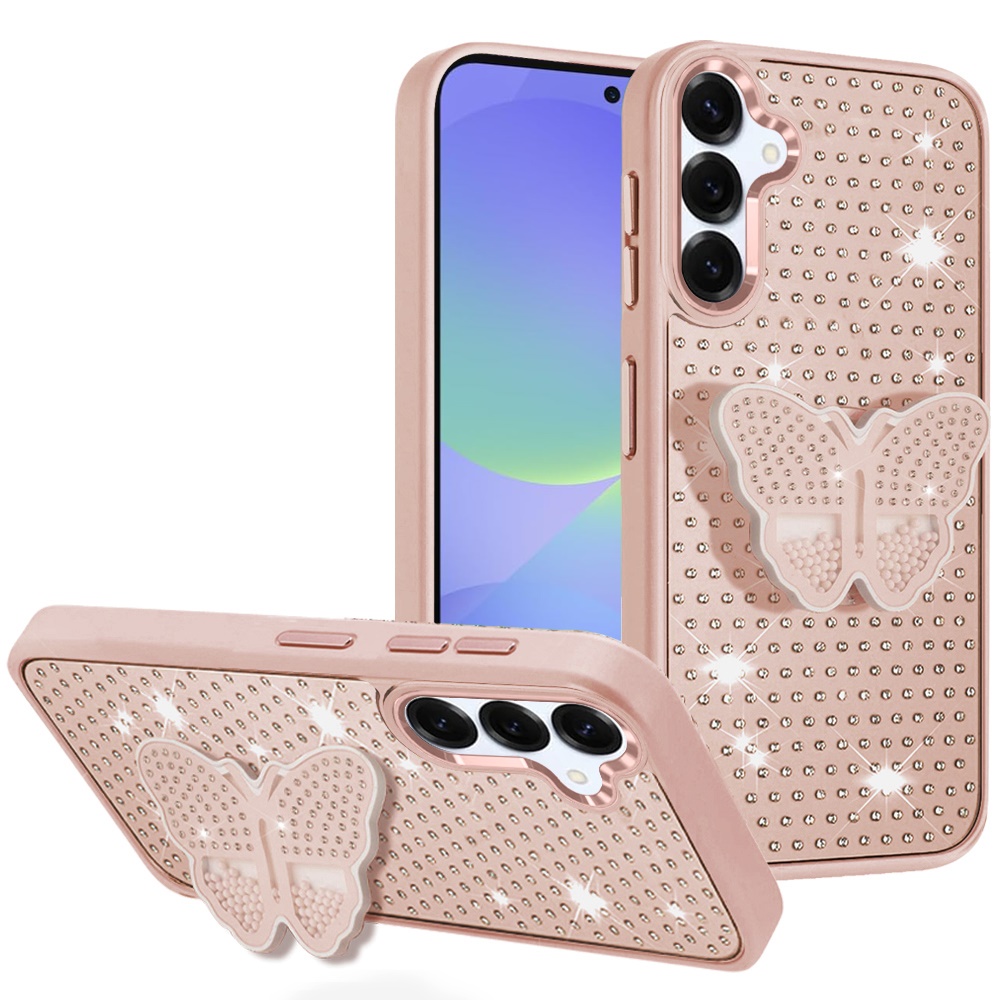 for samsung galaxy a36 / a56 butterfly moveable grip stand with small diamonds meta buttons hq hybrid rose gold