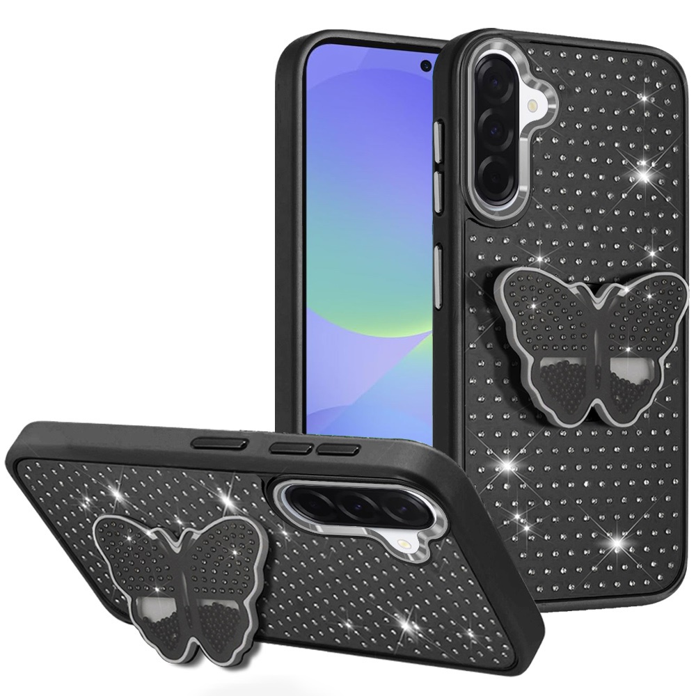 for samsung galaxy a37 butterfly moveable grip stand with small diamonds meta buttons hq hybrid black