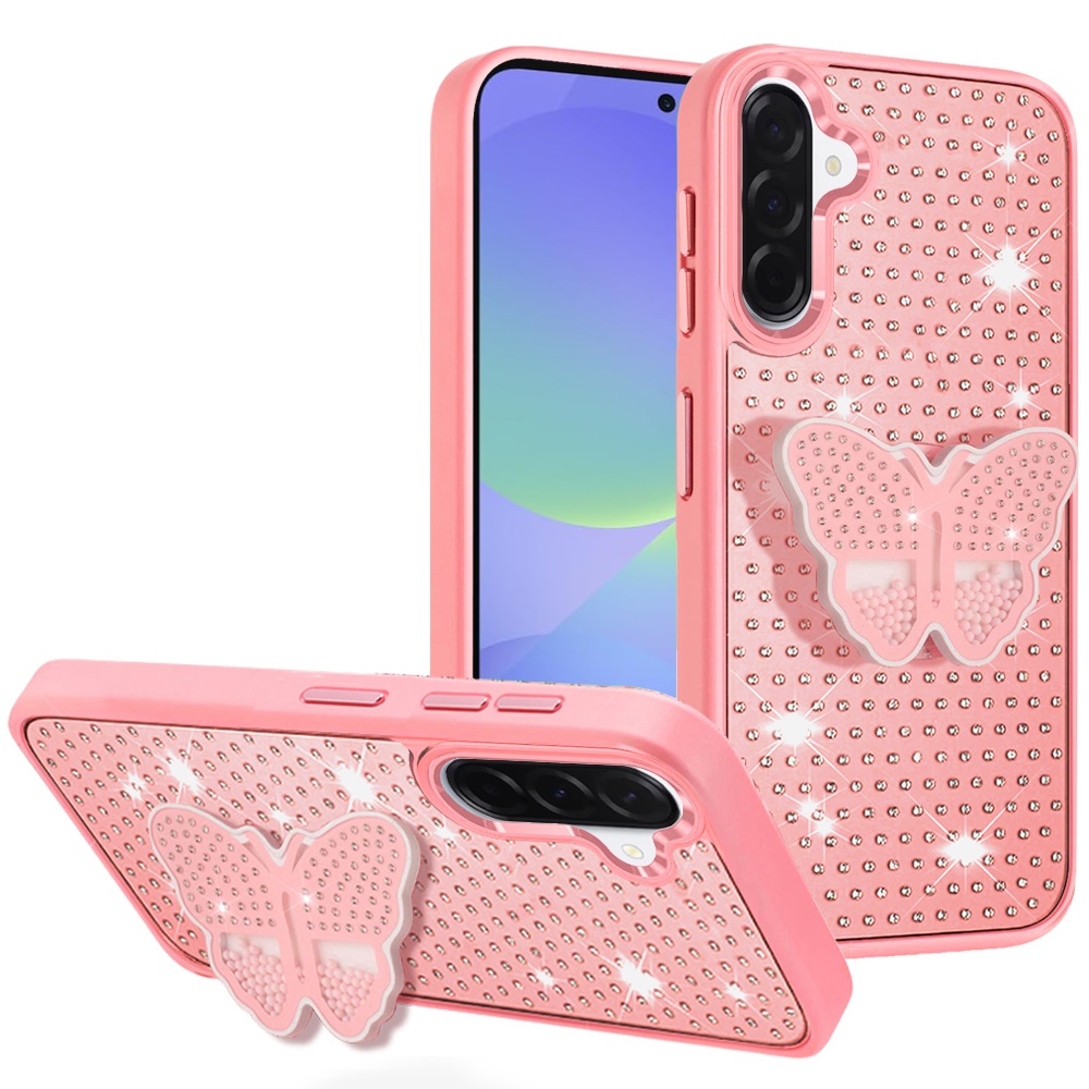 for samsung galaxy a37 butterfly moveable grip stand with small diamonds meta buttons hq hybrid pink
