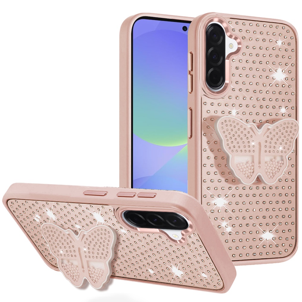 for samsung galaxy a37 butterfly moveable grip stand with small diamonds meta buttons hq hybrid rose gold