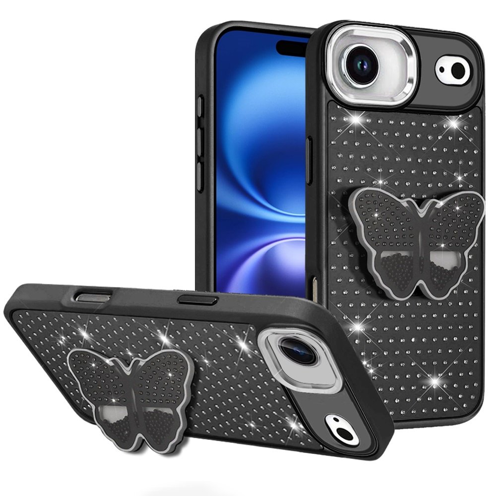 for iphone 17 air butterfly moveable grip stand with small diamonds meta buttons hq hybrid black