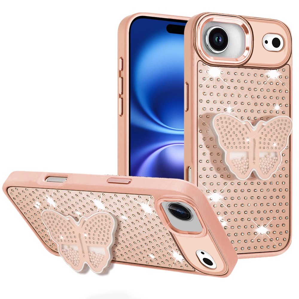 for iphone 17 air butterfly moveable grip stand with small diamonds meta buttons hq hybrid rose gold