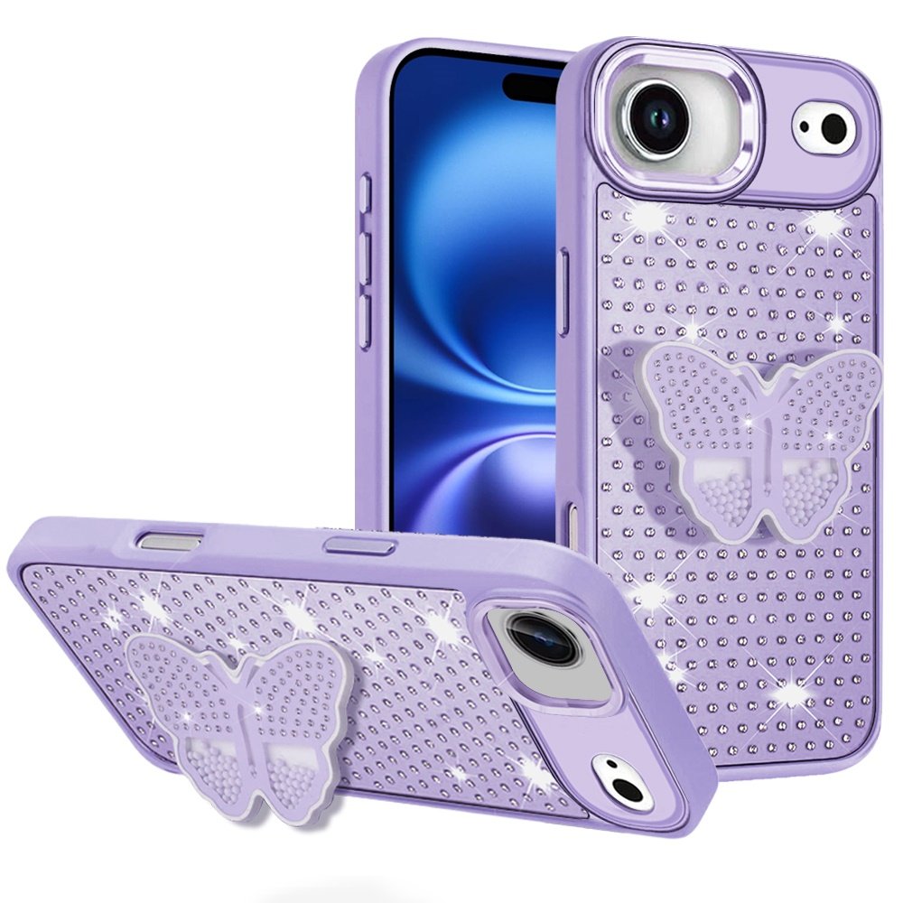 for iphone 17 air butterfly moveable grip stand with small diamonds meta buttons hq hybrid purple