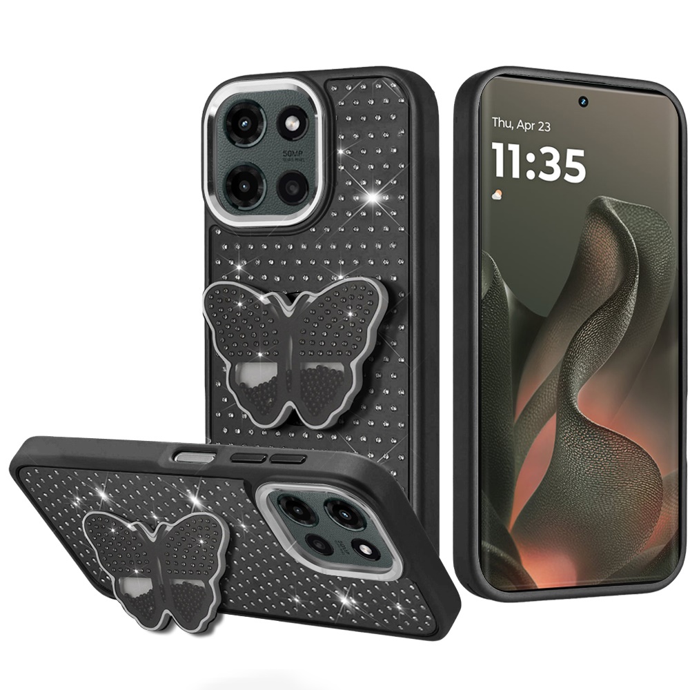 for motorola edge 2025 butterfly moveable grip stand with small diamonds meta buttons hq hybrid black