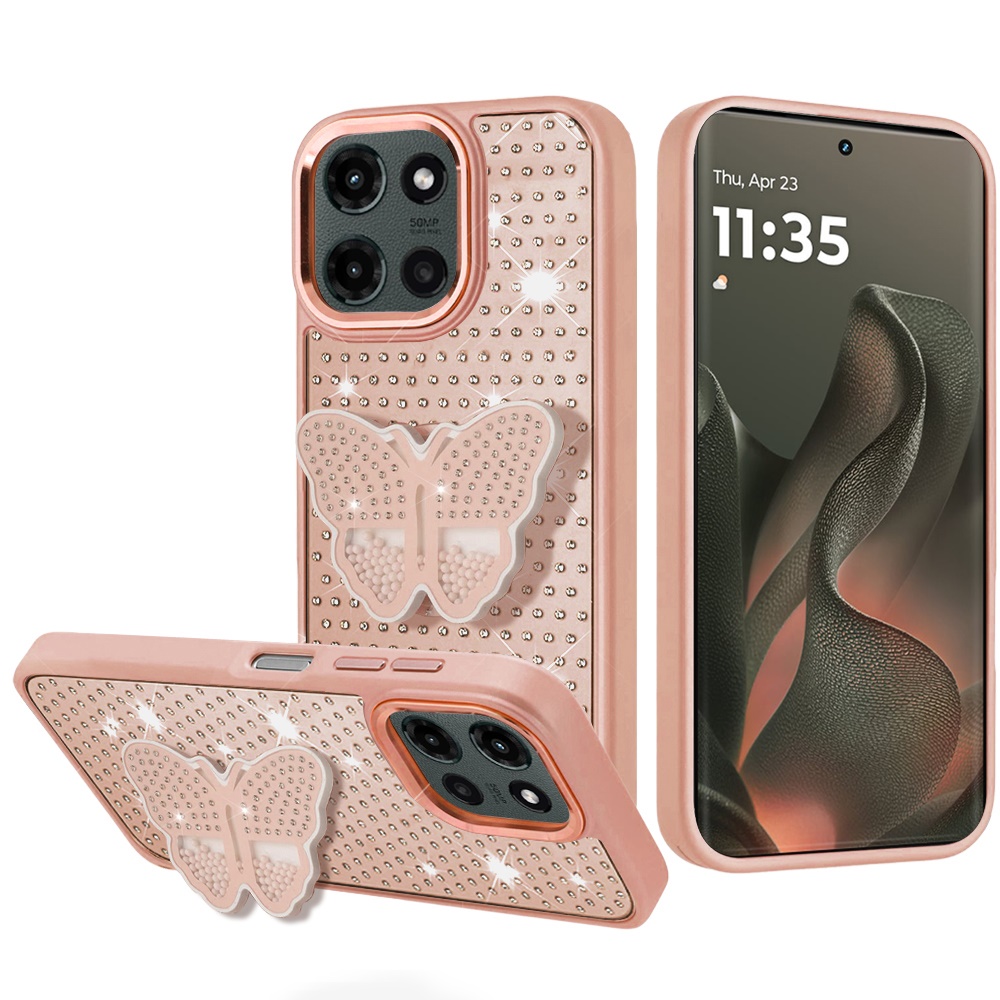 for motorola edge 2025 butterfly moveable grip stand with small diamonds meta buttons hq hybrid rose gold
