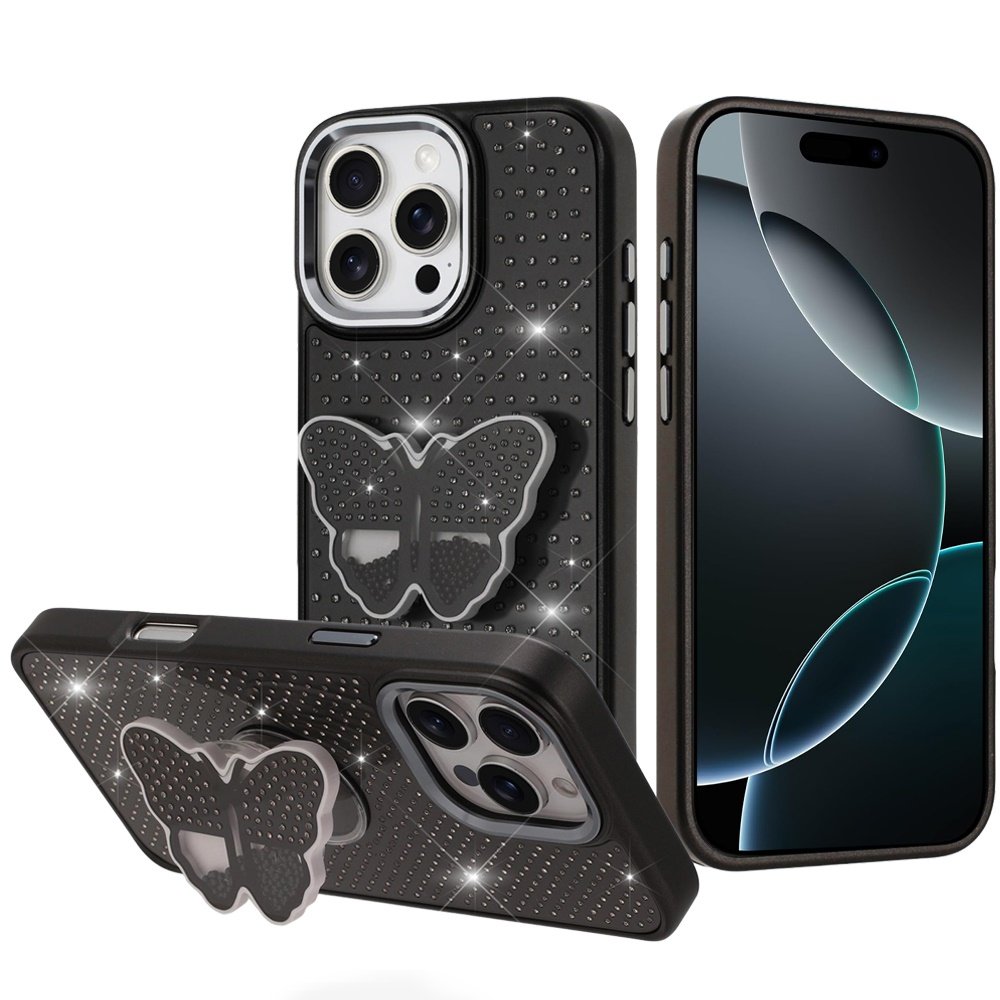 for iphone 16 pro max 6.9 butterfly moveable grip stand with small diamonds meta buttons hq hybrid black