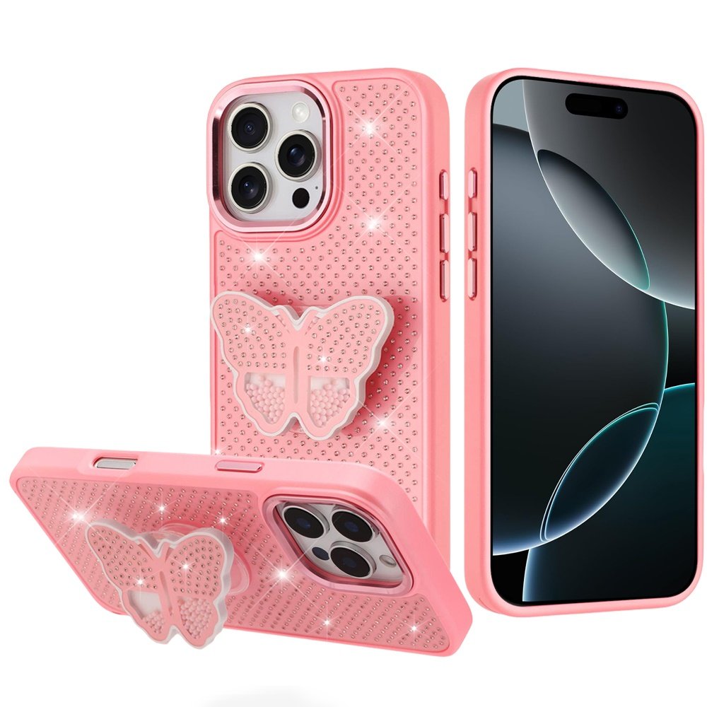 for iphone 16 pro max 6.9 butterfly moveable grip stand with small diamonds meta buttons hq hybrid pink