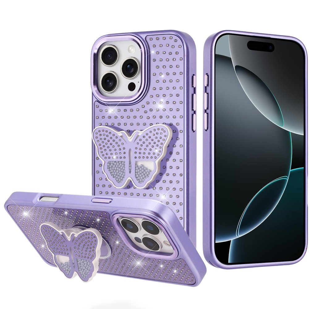 for iphone 16 pro max 6.9 butterfly moveable grip stand with small diamonds meta buttons hq hybrid purple