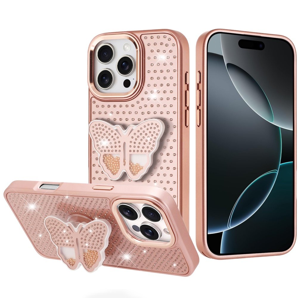 for iphone 16 pro max 6.9 butterfly moveable grip stand with small diamonds meta buttons hq hybrid rose gold