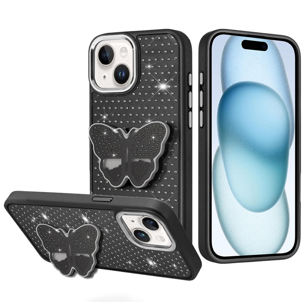for iphone 15 butterfly moveable grip stand with small diamonds meta buttons hq hybrid black
