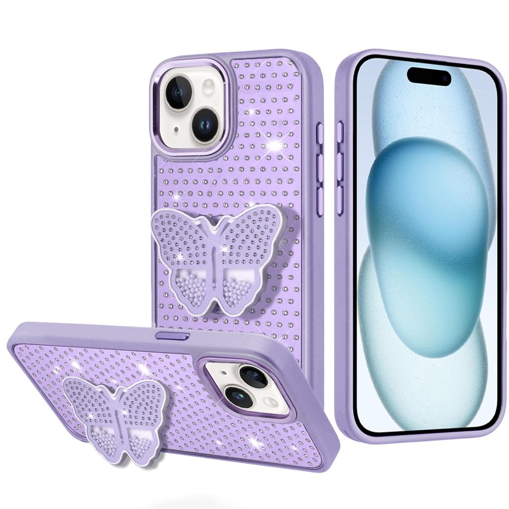 for iphone 15 butterfly moveable grip stand with small diamonds meta buttons hq hybrid purple