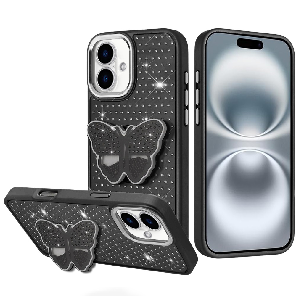 for iphone 16 6.1 inch butterfly moveable grip stand with small diamonds meta buttons hq hybrid black