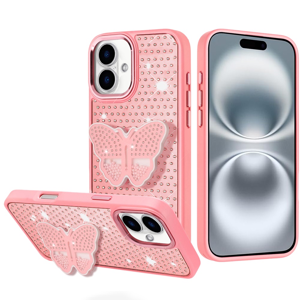 for iphone 16 6.1 inch butterfly moveable grip stand with small diamonds meta buttons hq hybrid pink