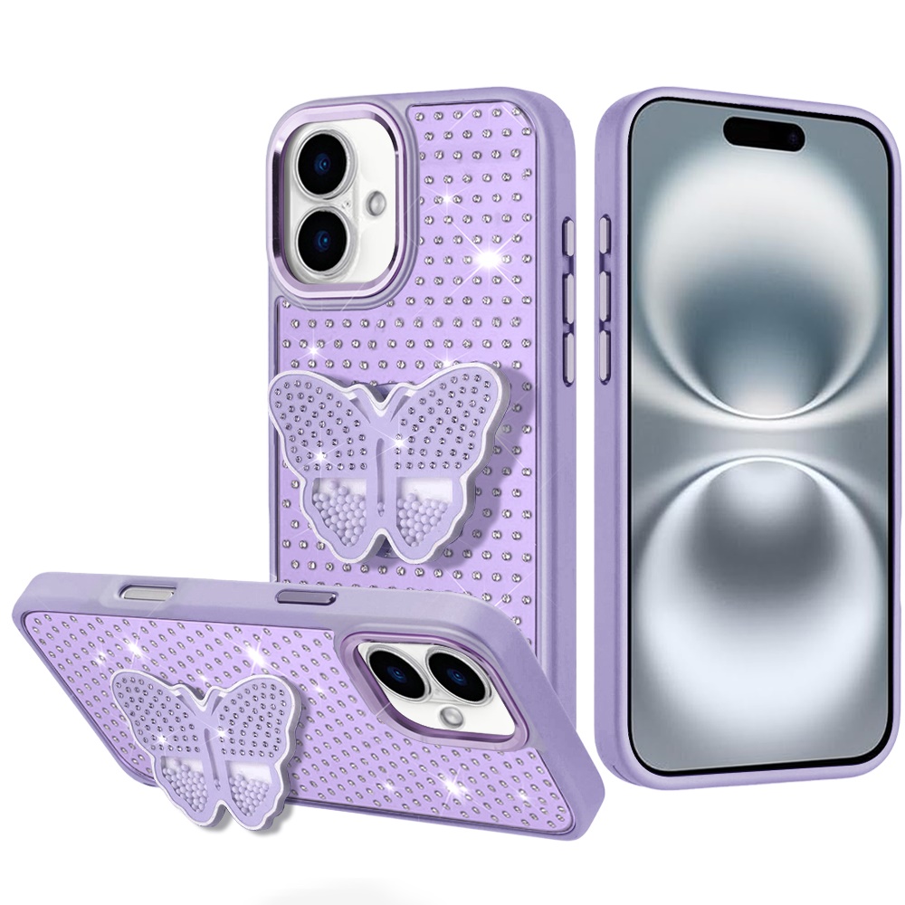 for iphone 16 6.1 inch butterfly moveable grip stand with small diamonds meta buttons hq hybrid purple