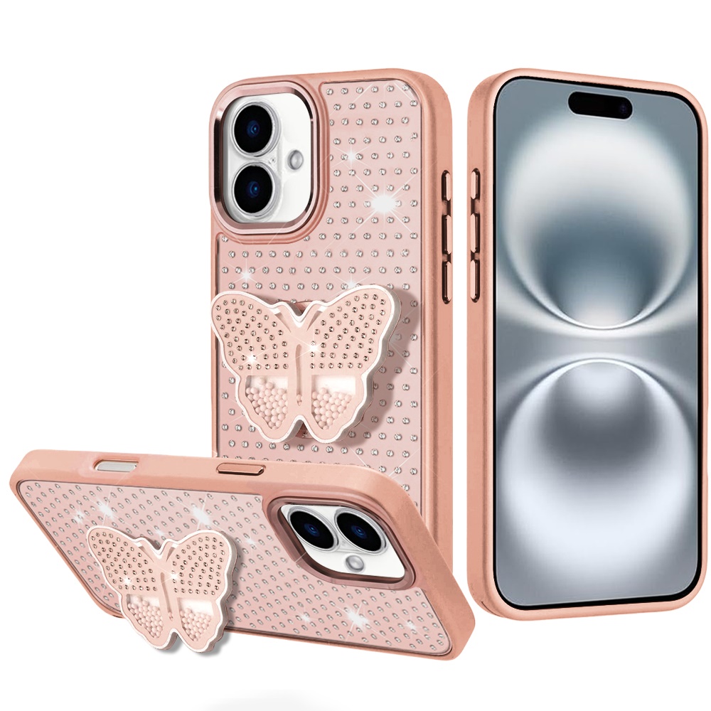 for iphone 16 6.1 inch butterfly moveable grip stand with small diamonds meta buttons hq hybrid rose gold