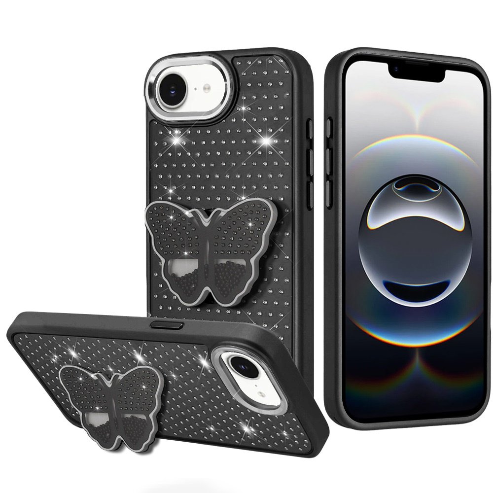 for iphone 17e / 16e / se4 butterfly moveable grip stand with small diamonds meta buttons hq hybrid black