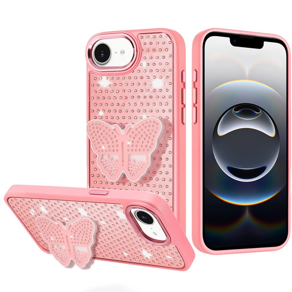 for iphone 17e / 16e / se4 butterfly moveable grip stand with small diamonds meta buttons hq hybrid pink