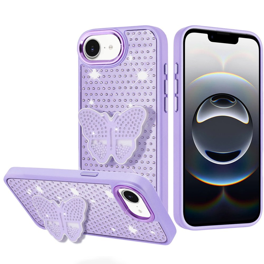 for iphone 17e / 16e / se4 butterfly moveable grip stand with small diamonds meta buttons hq hybrid purple