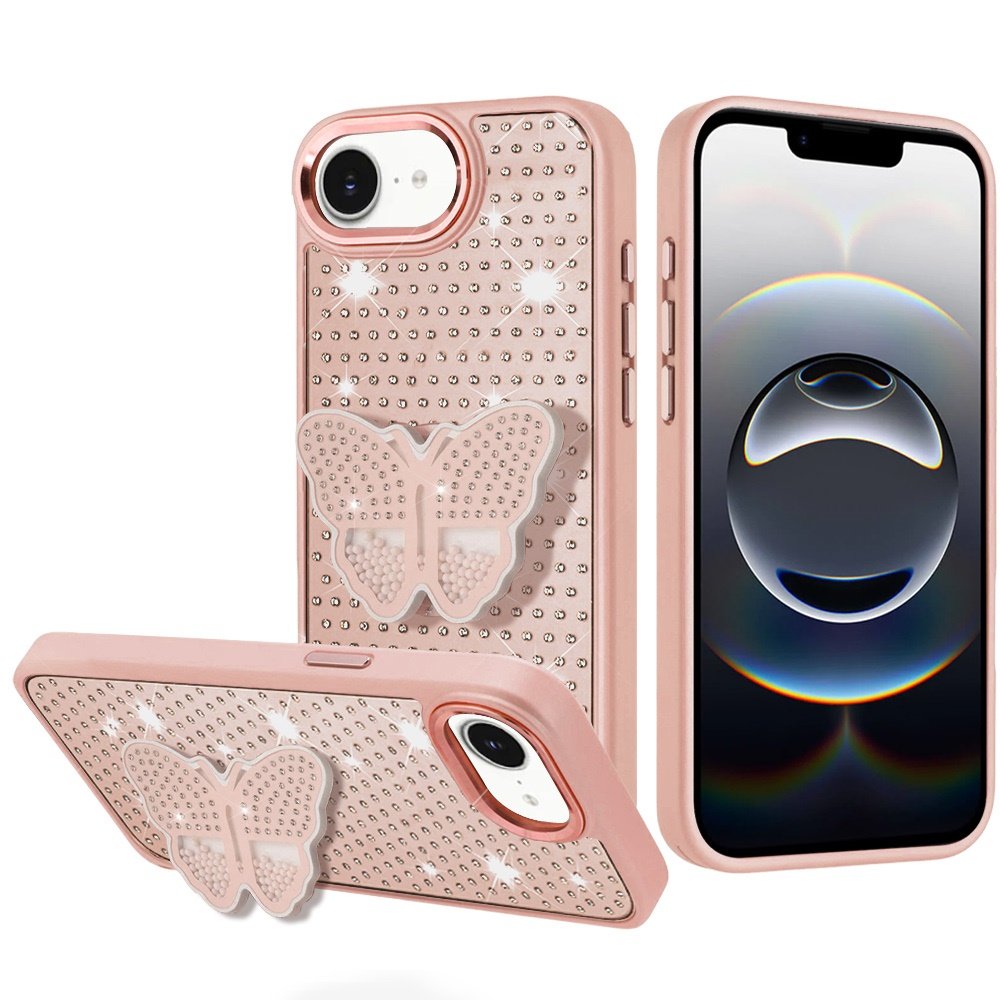 for iphone 17e / 16e / se4 butterfly moveable grip stand with small diamonds meta buttons hq hybrid rose gold