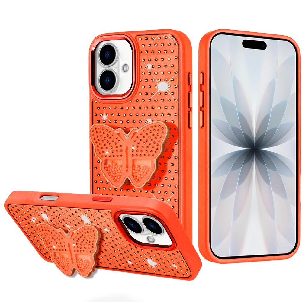 for iphone 17 butterfly moveable grip stand with small diamonds meta buttons hq hybrid cosmic orange