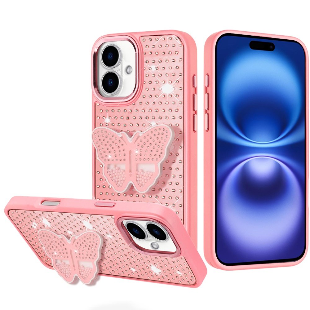 for iphone 17 butterfly moveable grip stand with small diamonds meta buttons hq hybrid pink