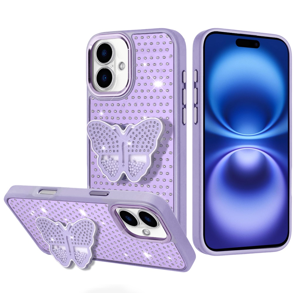 for iphone 17 butterfly moveable grip stand with small diamonds meta buttons hq hybrid purple