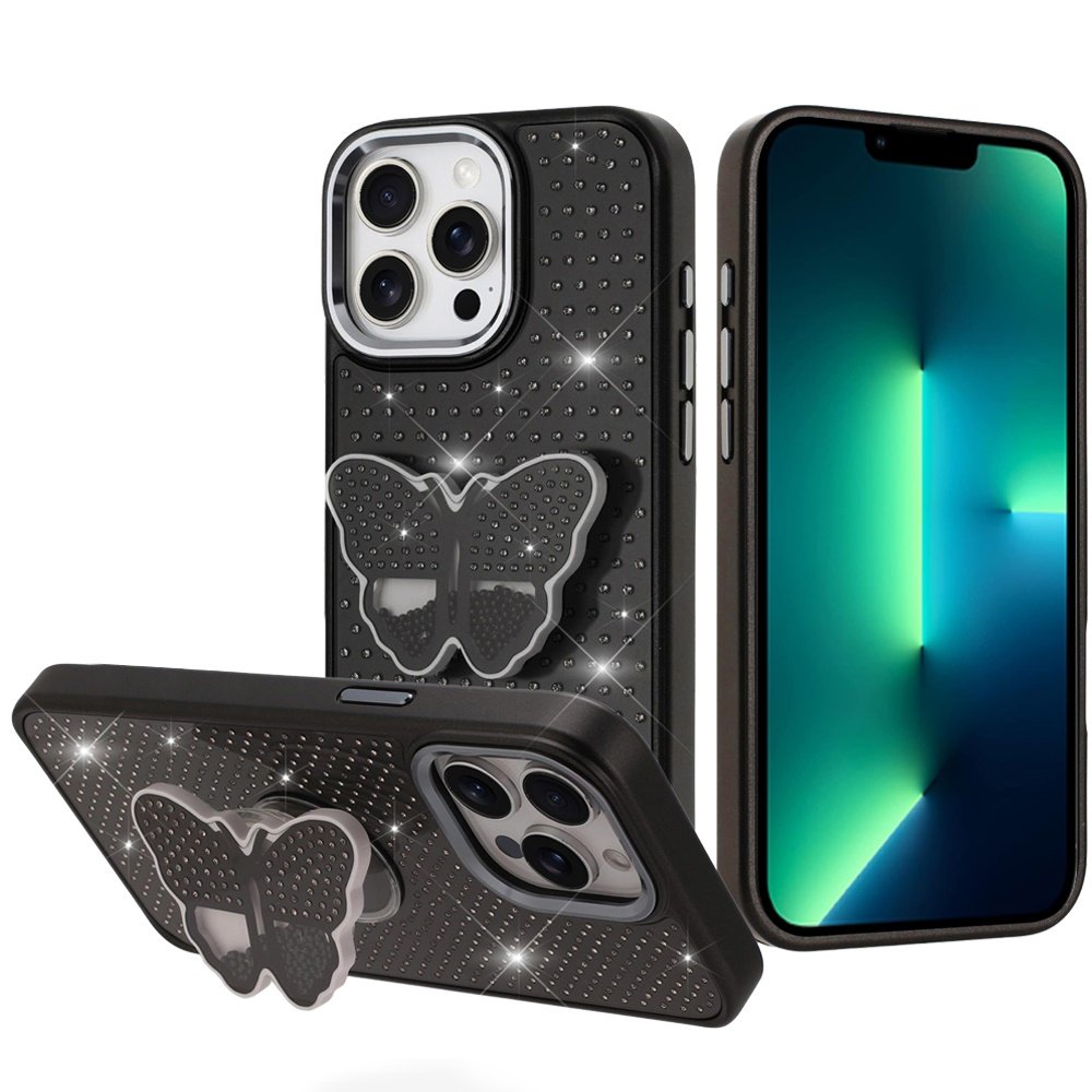 for iphone 13 pro max butterfly moveable grip stand with small diamonds meta buttons hq hybrid black