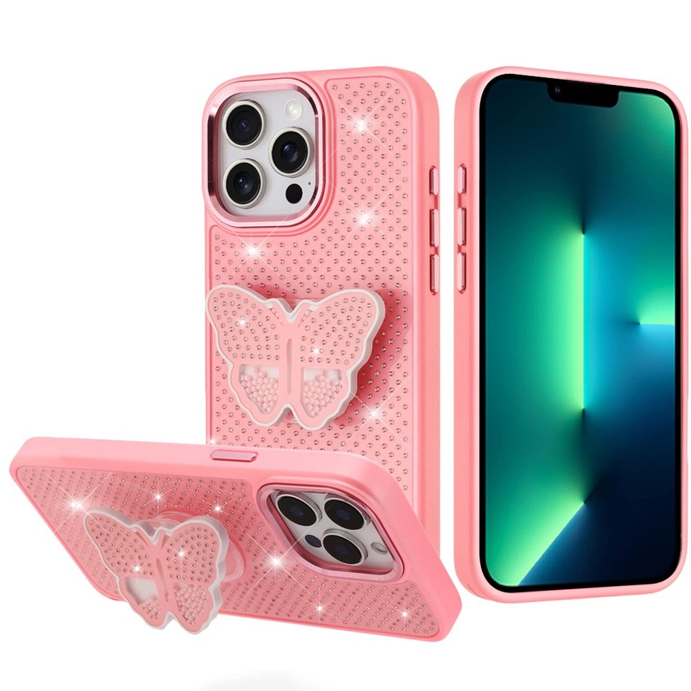 for iphone 13 pro max butterfly moveable grip stand with small diamonds meta buttons hq hybrid pink
