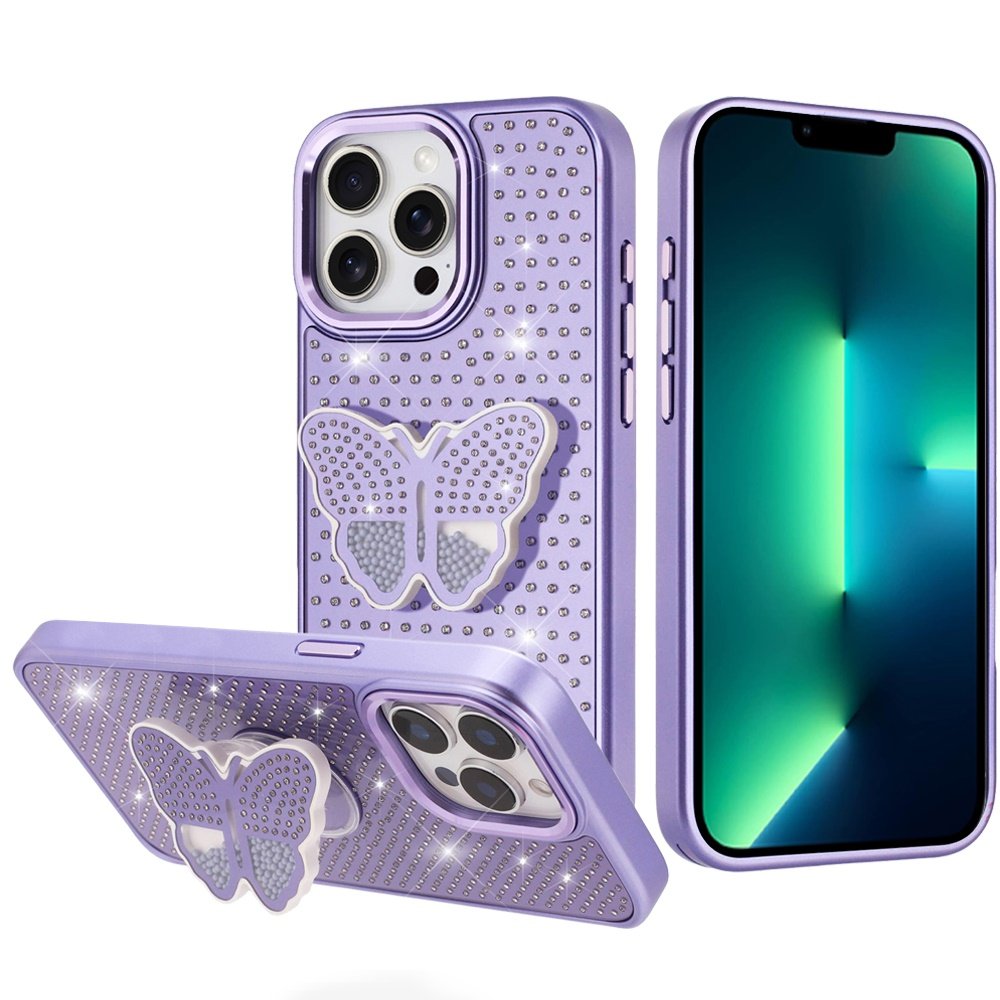 for iphone 13 pro max butterfly moveable grip stand with small diamonds meta buttons hq hybrid purple
