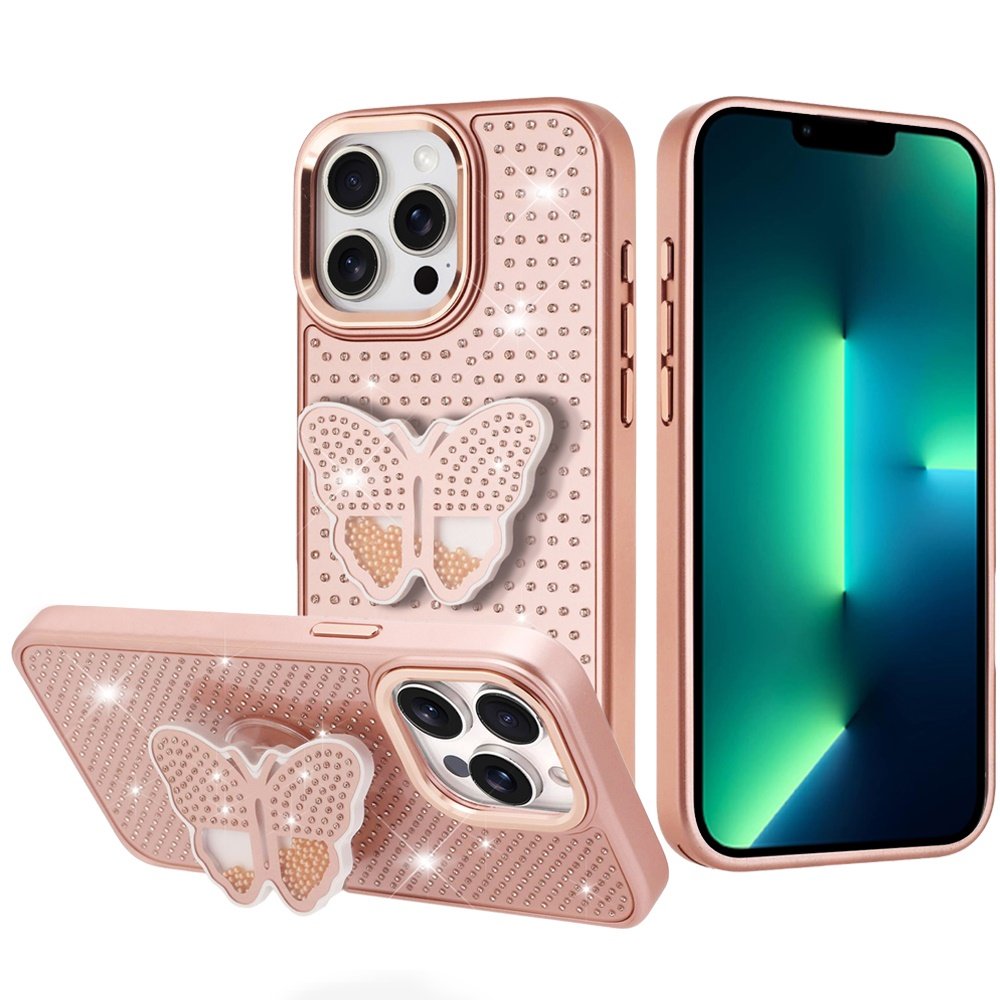 for iphone 13 pro max butterfly moveable grip stand with small diamonds meta buttons hq hybrid rose gold