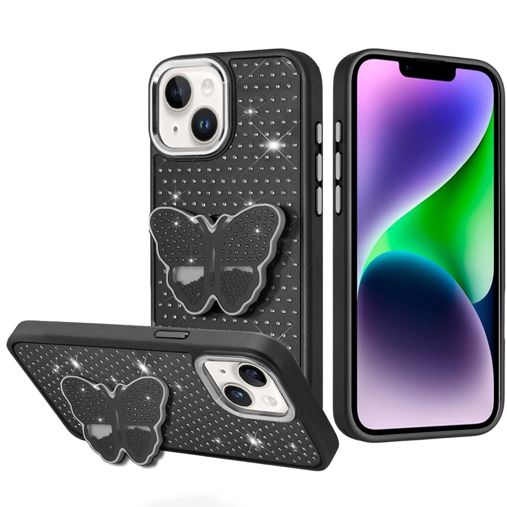for iphone 13/14 butterfly moveable grip stand with small diamonds meta buttons hq hybrid black