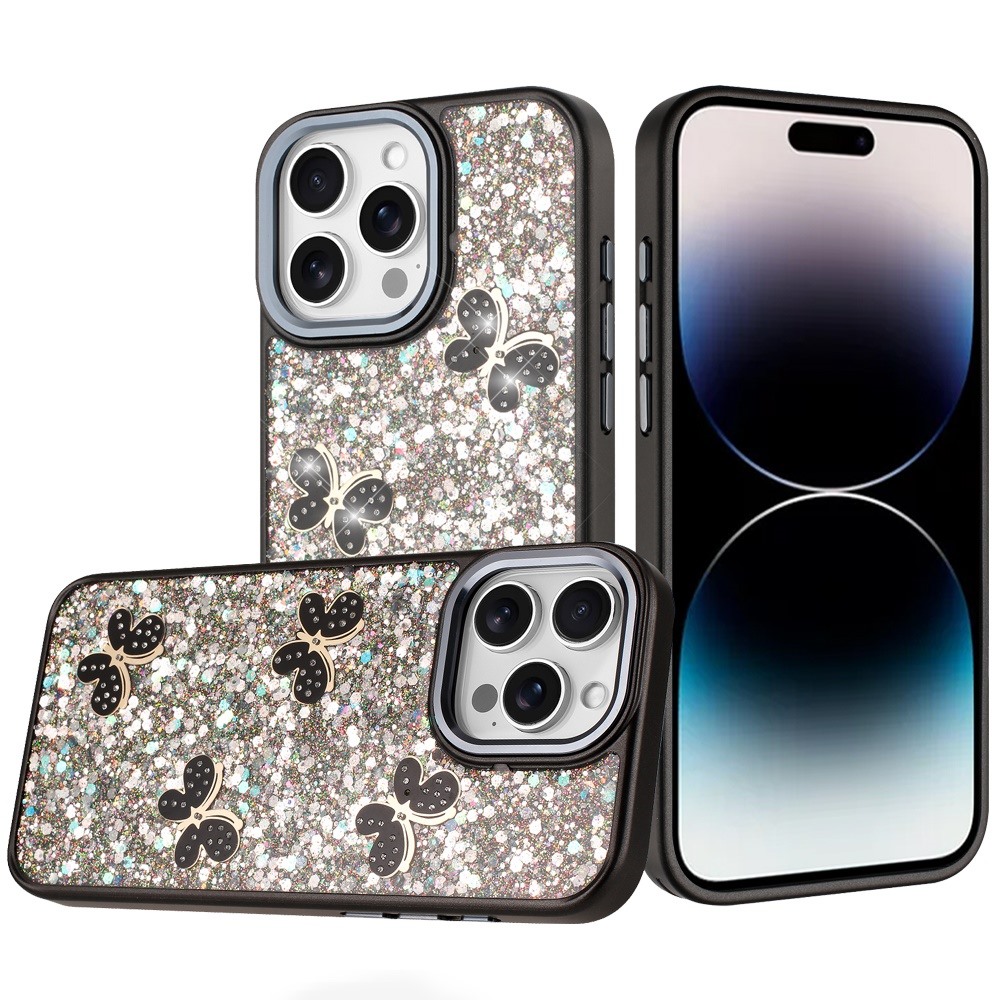for iphone 14 pro max 6.7" cute butterfly ornaments diamonds shimmer matching metallic hq hybrid black